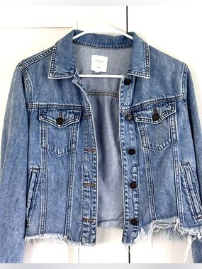 Cropped Denim Jacket Y2K Grunge Raw Hem Fitted Blue Small Hidden Jeans